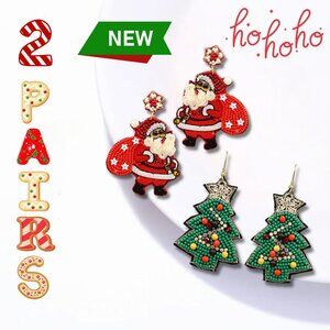 2 PAIRS Gift Bundle of BRAND NEW Seed Beaded CHRISTMAS Santa Tree Earrings